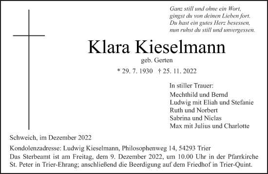 Traueranzeige von Klara Kieselmann von trierischer_volksfreund