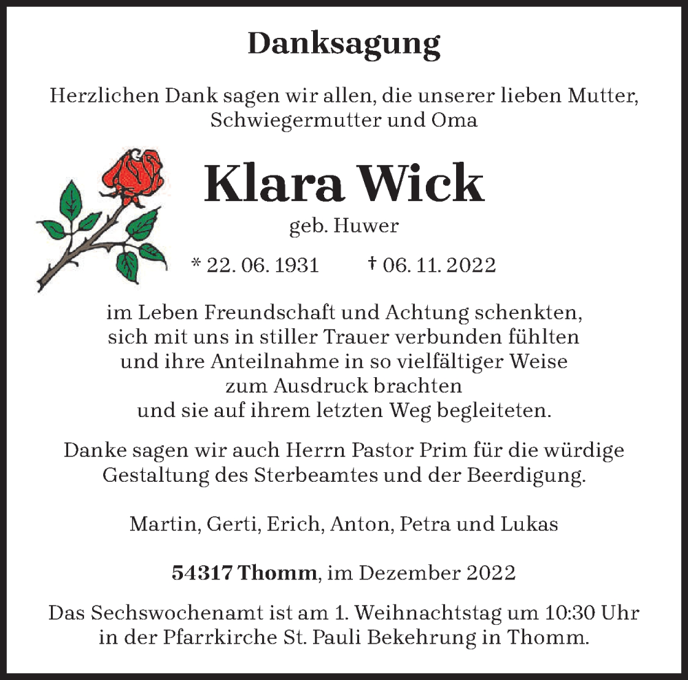  Traueranzeige für Klara Wick vom 21.12.2022 aus trierischer_volksfreund