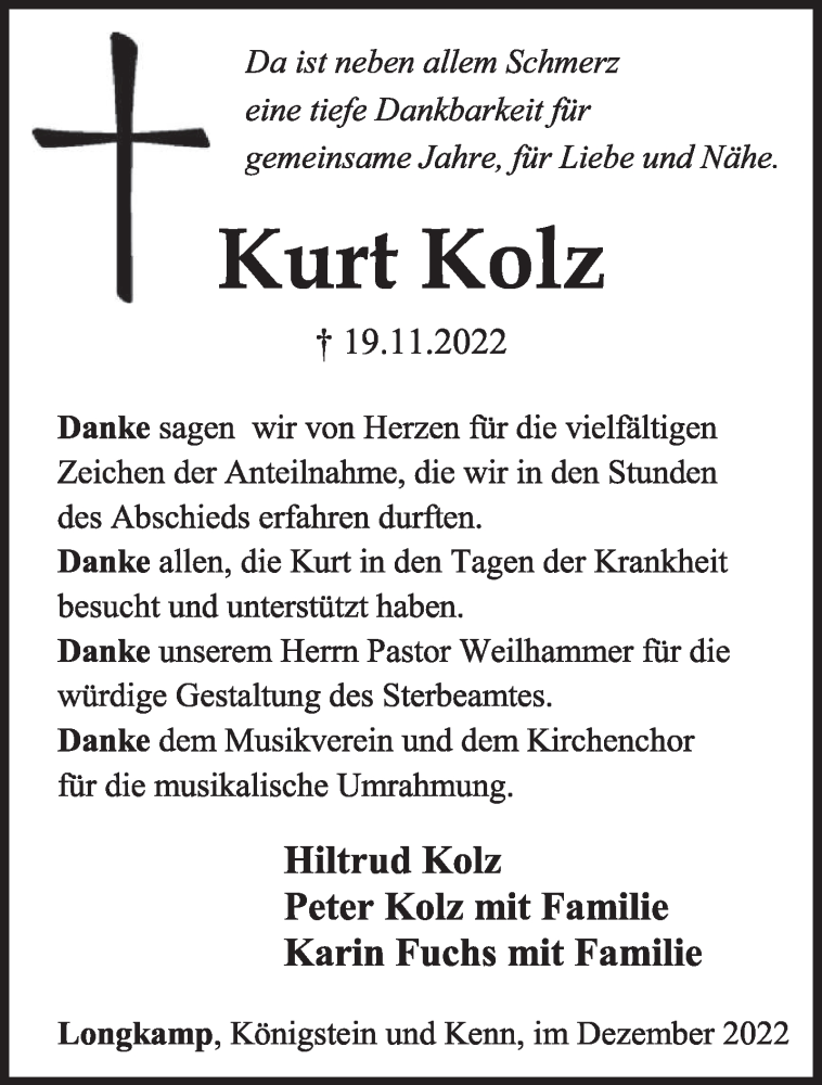  Traueranzeige für Kurt Kolz vom 12.12.2022 aus trierischer_volksfreund