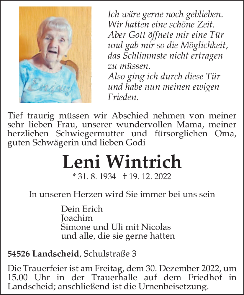  Traueranzeige für Leni Wintrich vom 24.12.2022 aus trierischer_volksfreund