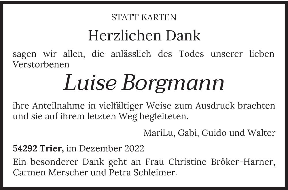  Traueranzeige für Luise Borgmann vom 24.12.2022 aus trierischer_volksfreund