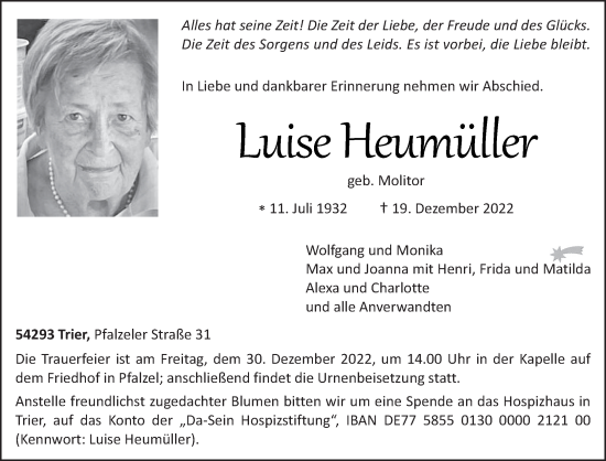 Traueranzeige von Luise Heumüller von trierischer_volksfreund
