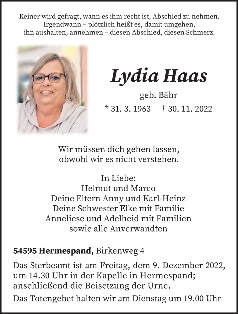  Traueranzeige für Lydia Haas vom 03.12.2022 aus trierischer_volksfreund