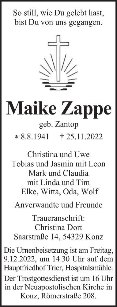 Traueranzeige von Maike Zappe von trierischer_volksfreund