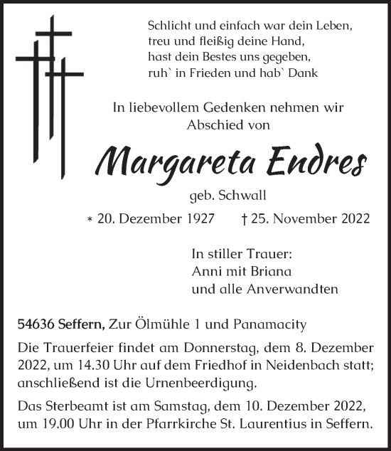 Traueranzeige von Margarerta Endres von trierischer_volksfreund