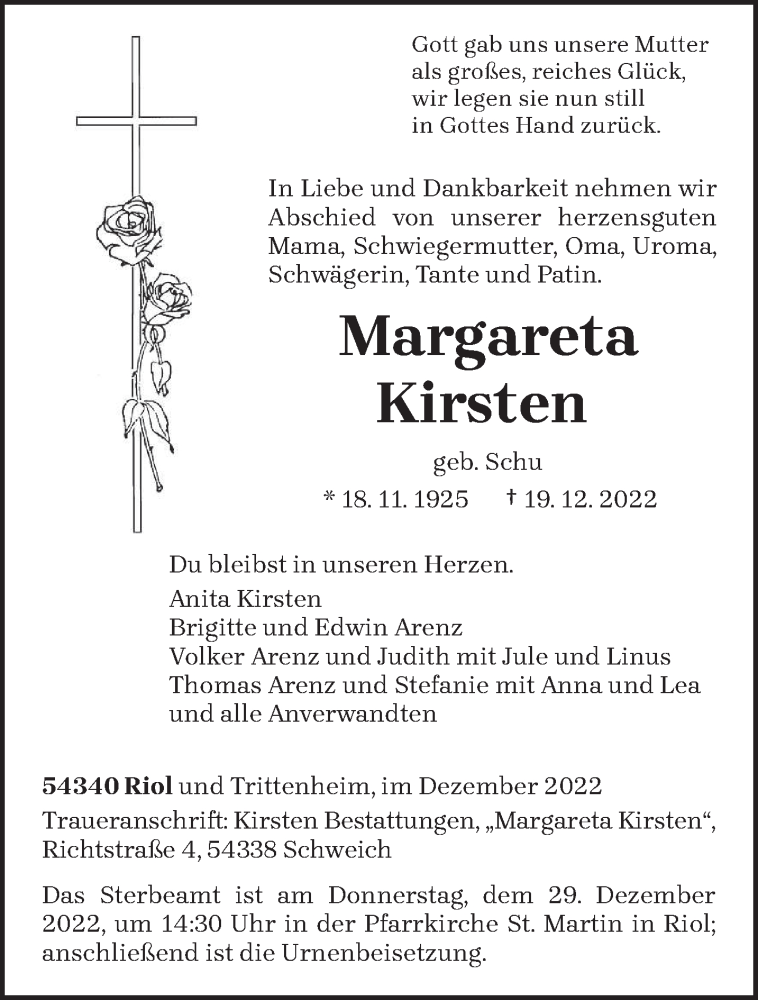  Traueranzeige für Margareta Kirsten vom 24.12.2022 aus trierischer_volksfreund