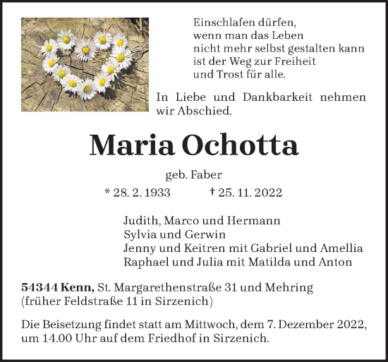 Traueranzeige von Maria Ochotta von trierischer_volksfreund