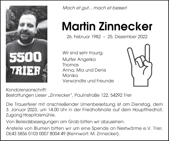 Traueranzeige von Martin Zinnecker von trierischer_volksfreund