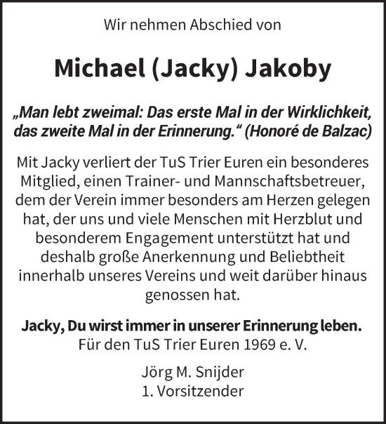 Traueranzeige von Michael Jakoby von trierischer_volksfreund