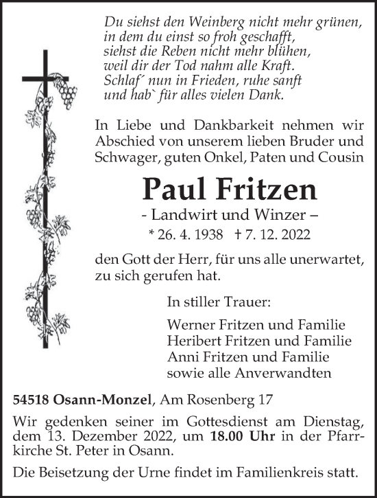Traueranzeige von Paul Fritzen von trierischer_volksfreund