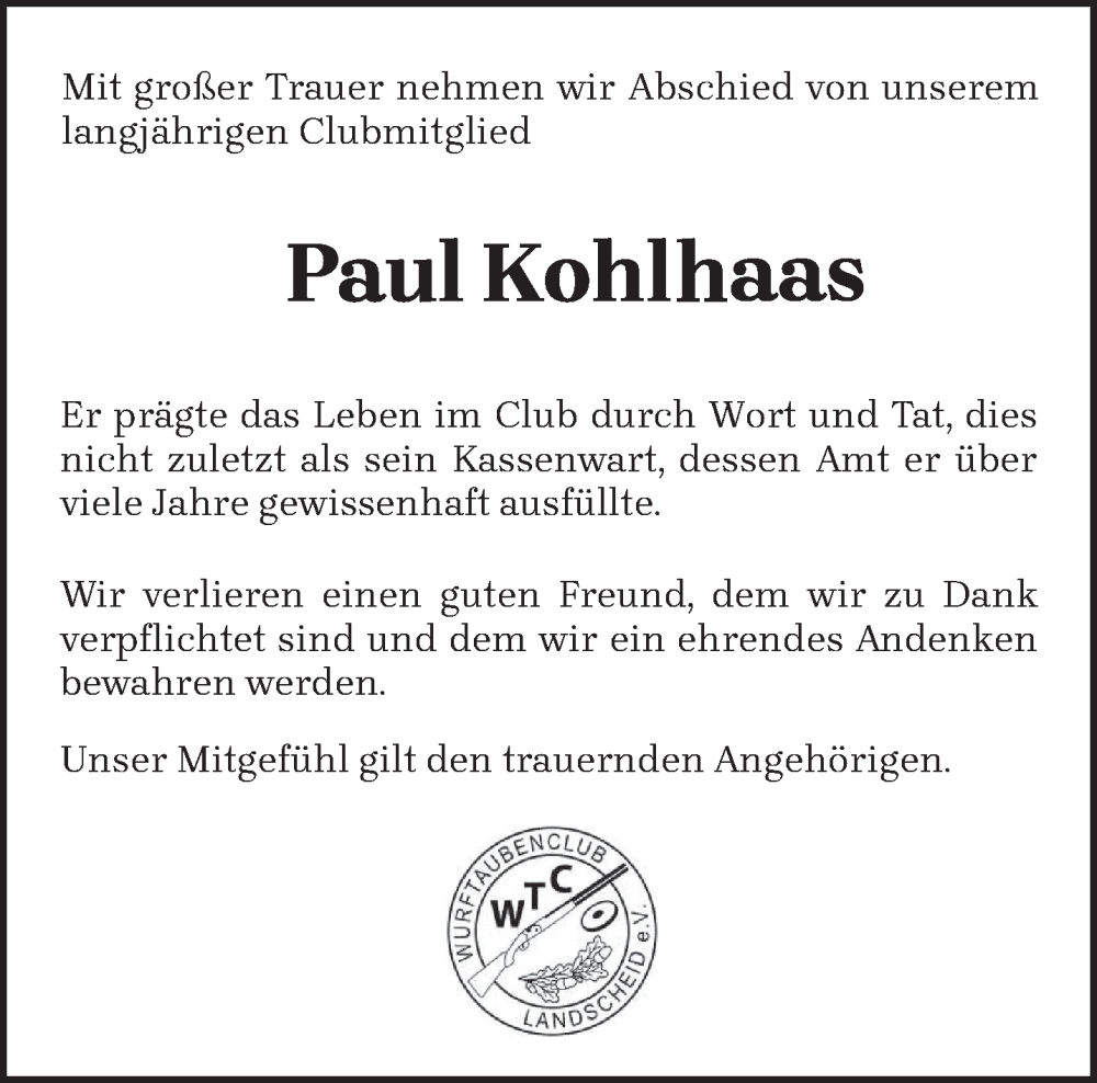  Traueranzeige für Paul Kohlhaas vom 23.12.2022 aus trierischer_volksfreund