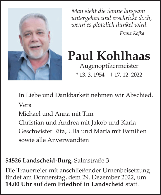 Traueranzeige von Paul Kohlhaas von trierischer_volksfreund