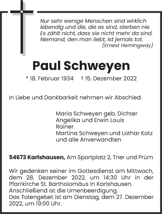 Traueranzeige von Paul Schweyen von trierischer_volksfreund
