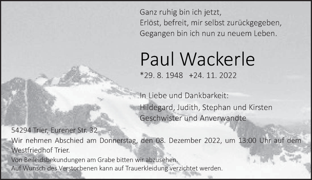  Traueranzeige für Paul Wackerle vom 03.12.2022 aus trierischer_volksfreund