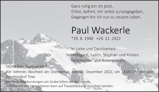 Traueranzeige von Paul Wackerle von trierischer_volksfreund