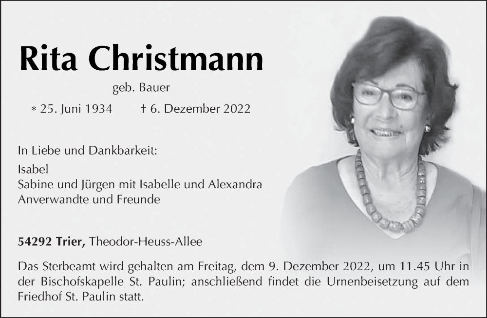  Traueranzeige für Rita Christmann vom 08.12.2022 aus trierischer_volksfreund
