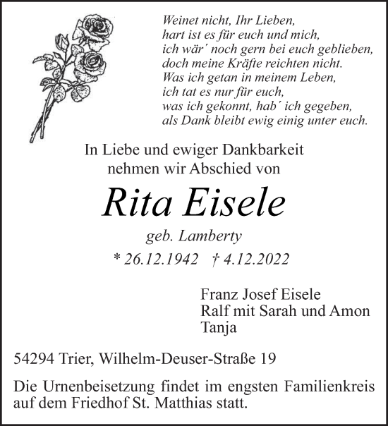 Traueranzeige von Rita Eisele von trierischer_volksfreund