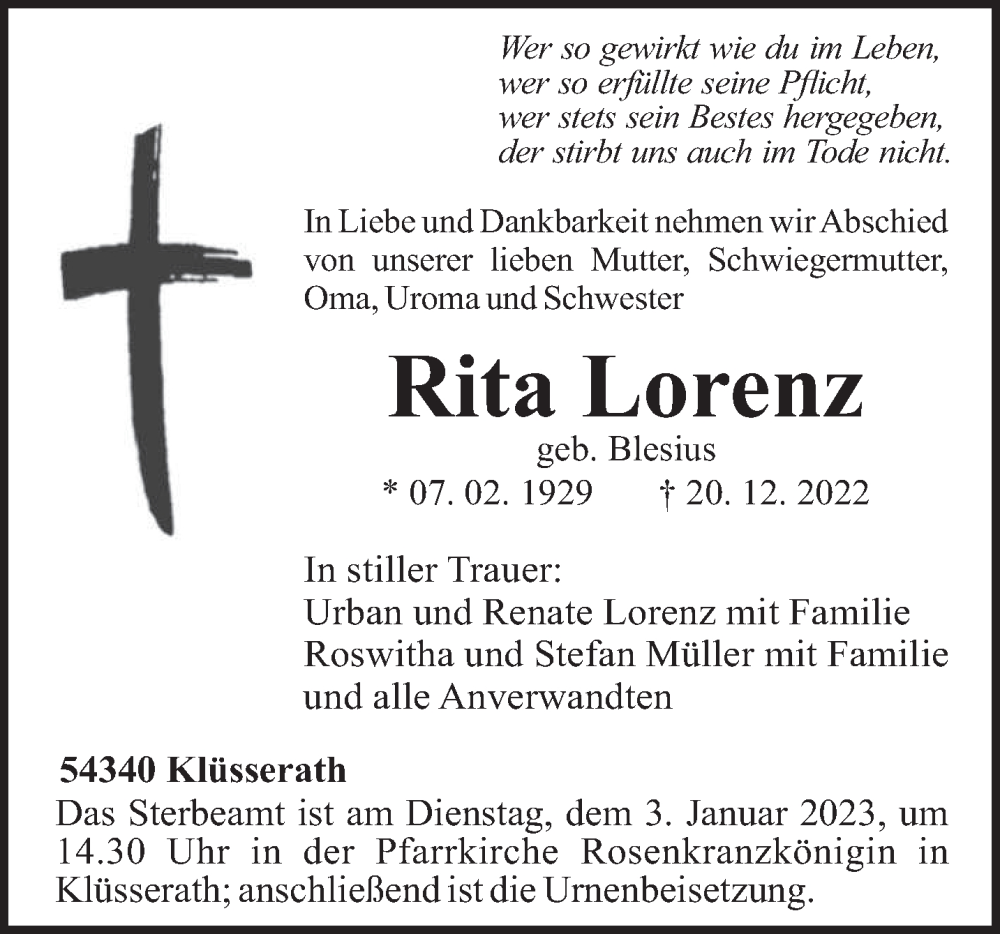  Traueranzeige für Rita Lorenz vom 28.12.2022 aus trierischer_volksfreund