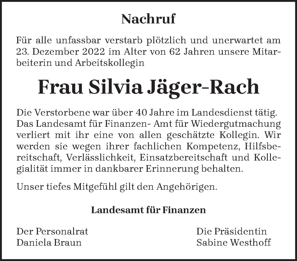  Traueranzeige für Silvia Jäger-Rach vom 29.12.2022 aus trierischer_volksfreund