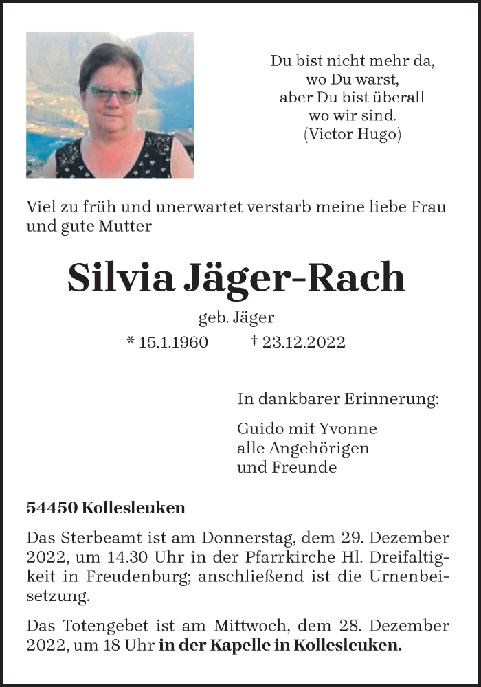  Traueranzeige für Silvia Jäger-Rach vom 27.12.2022 aus trierischer_volksfreund