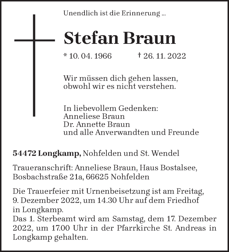  Traueranzeige für Stefan Braun vom 03.12.2022 aus trierischer_volksfreund