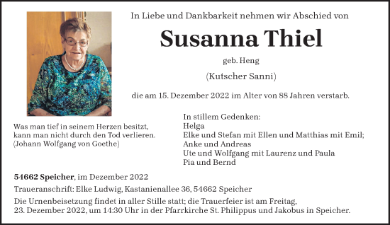 Traueranzeige von Susanna Thiel von trierischer_volksfreund