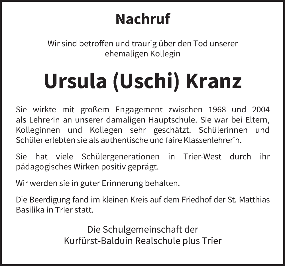  Traueranzeige für Ursula  Kranz vom 03.12.2022 aus trierischer_volksfreund