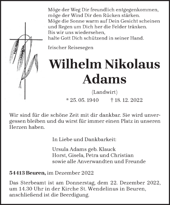 Traueranzeige von Wilhelm Nikolaus Adams von trierischer_volksfreund