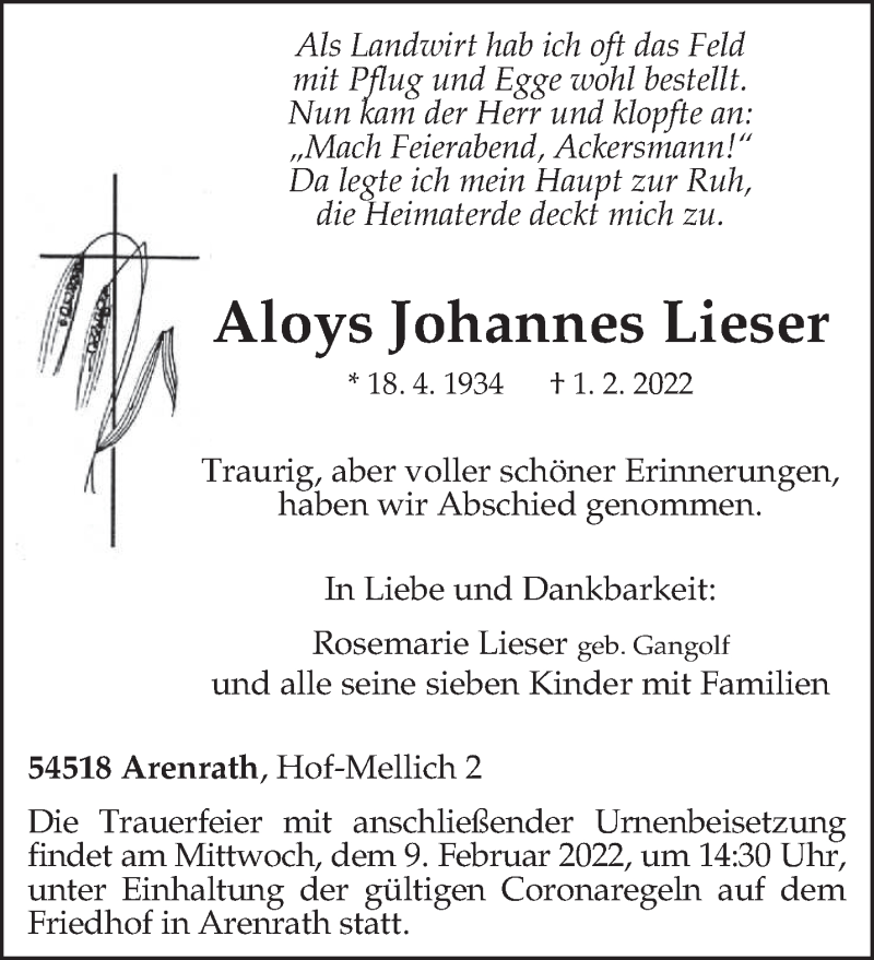  Traueranzeige für Aloys Johannes Lieser vom 05.02.2022 aus trierischer_volksfreund