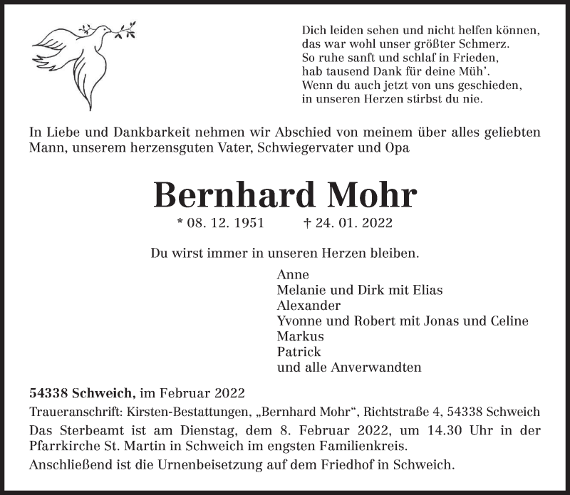  Traueranzeige für Bernhard Mohr vom 05.02.2022 aus trierischer_volksfreund