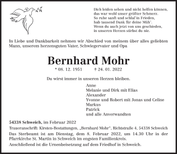 Traueranzeige von Bernhard Mohr von trierischer_volksfreund