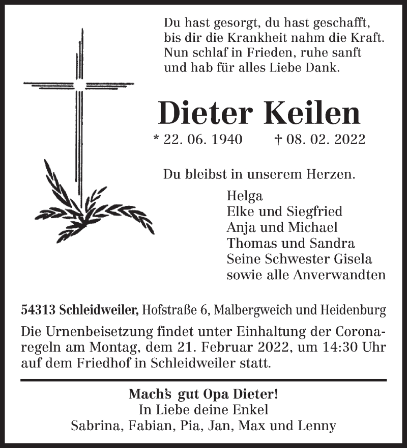  Traueranzeige für Dieter Keilen vom 16.02.2022 aus trierischer_volksfreund