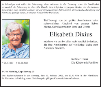 Traueranzeige von Elisabeth Dixius von trierischer_volksfreund
