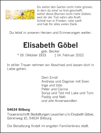 Traueranzeige von Elisabeth Göbel von trierischer_volksfreund