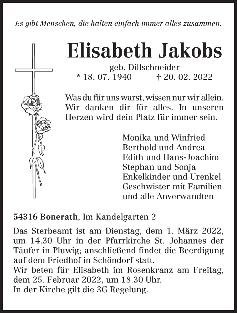  Traueranzeige für Elisabeth Jakobs vom 24.02.2022 aus trierischer_volksfreund