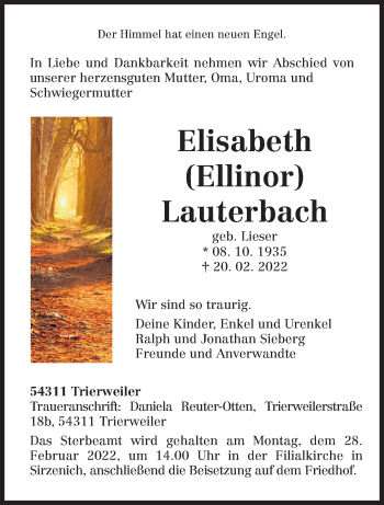 Traueranzeige von Elisabeth Lauterbach von trierischer_volksfreund