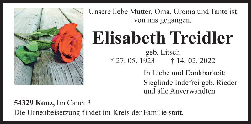  Traueranzeige für Elisabeth Treidler vom 19.02.2022 aus trierischer_volksfreund