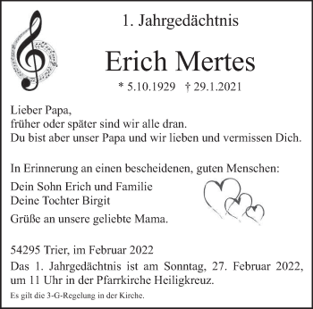 Traueranzeige von Erich Mertes von trierischer_volksfreund