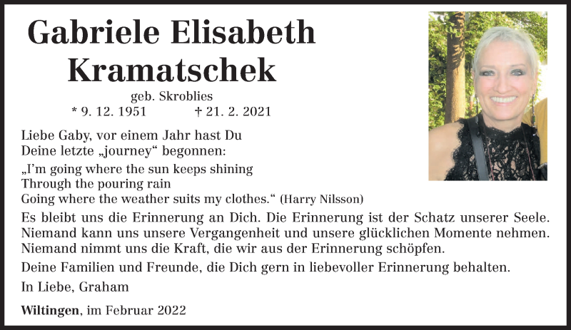  Traueranzeige für Gabriele Elisabeth Kramatschek vom 19.02.2022 aus trierischer_volksfreund