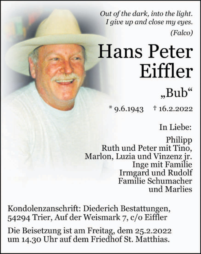  Traueranzeige für Hans Peter Eiffler vom 23.02.2022 aus trierischer_volksfreund