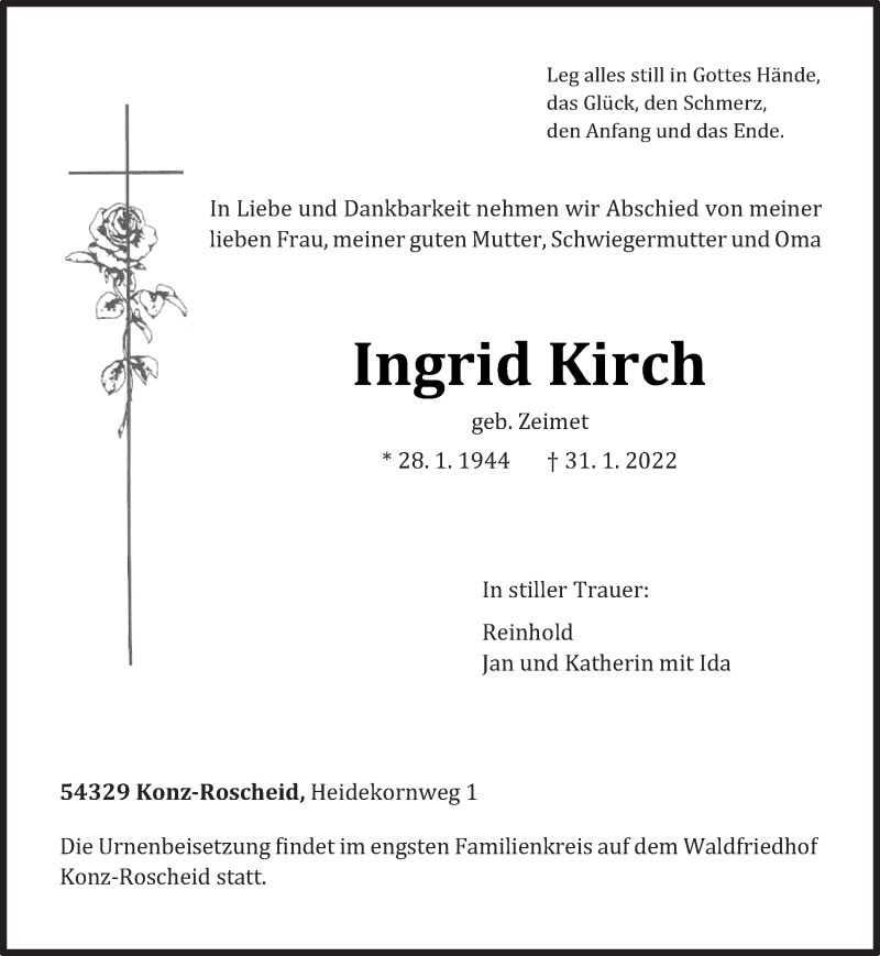  Traueranzeige für Ingrid Kirch vom 07.02.2022 aus trierischer_volksfreund