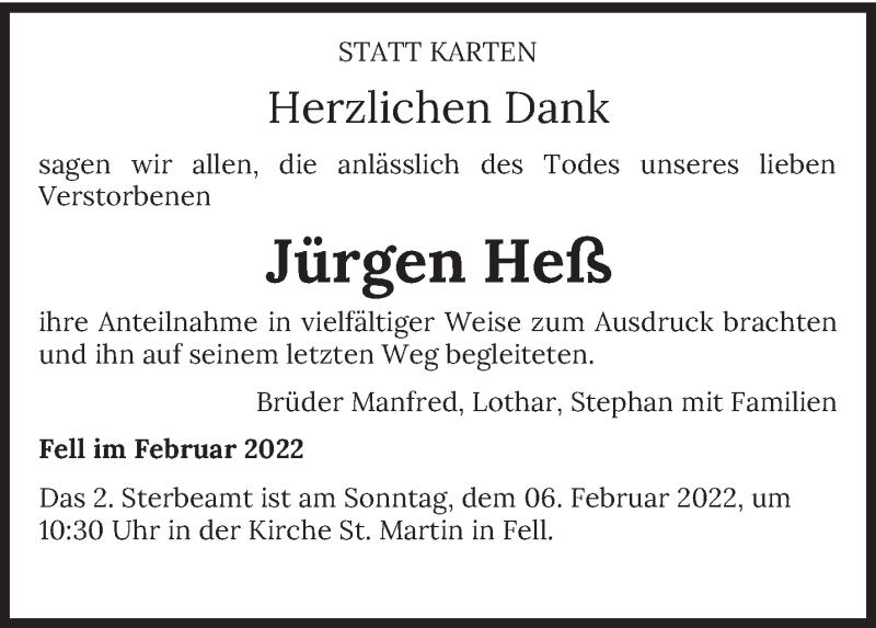  Traueranzeige für Jürgen Heß vom 02.02.2022 aus trierischer_volksfreund