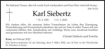 Traueranzeige von Karl Siebertz von trierischer_volksfreund