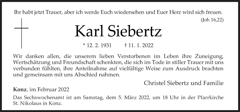  Traueranzeige für Karl Siebertz vom 19.02.2022 aus trierischer_volksfreund