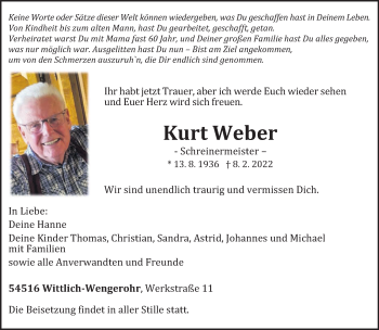 Traueranzeige von Kurt Weber von trierischer_volksfreund