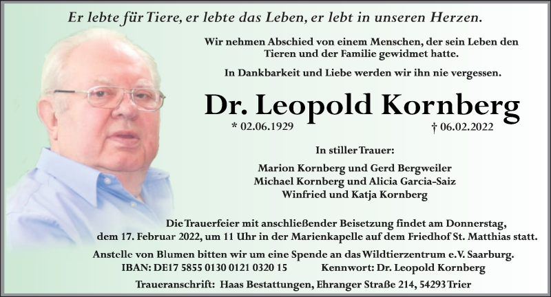  Traueranzeige für Leopold Kornberg vom 12.02.2022 aus trierischer_volksfreund
