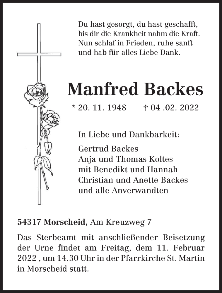  Traueranzeige für Manfred Backes vom 08.02.2022 aus trierischer_volksfreund