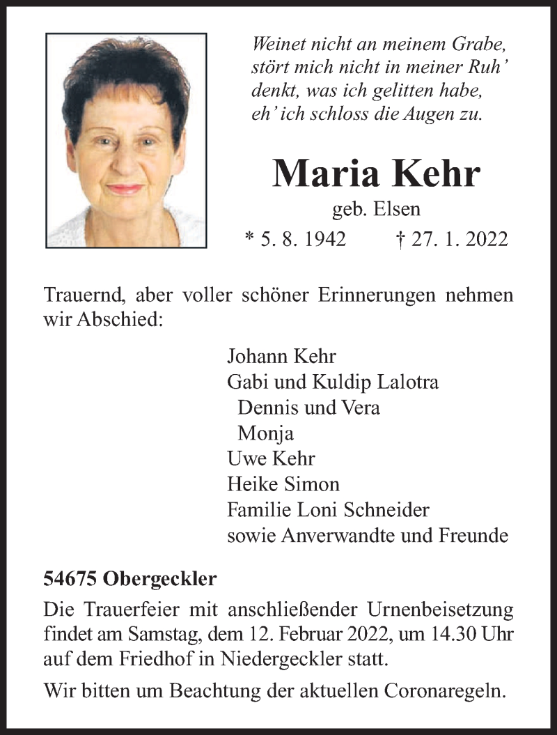  Traueranzeige für Maria Kehr vom 05.02.2022 aus trierischer_volksfreund