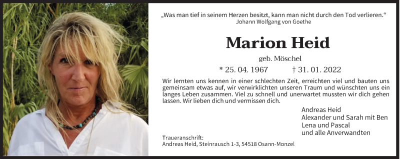  Traueranzeige für Marion Heid vom 05.02.2022 aus trierischer_volksfreund