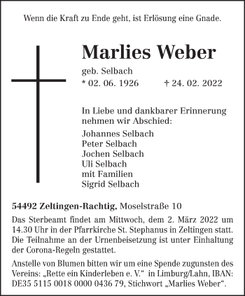Traueranzeige von Marlies Weber von trierischer_volksfreund